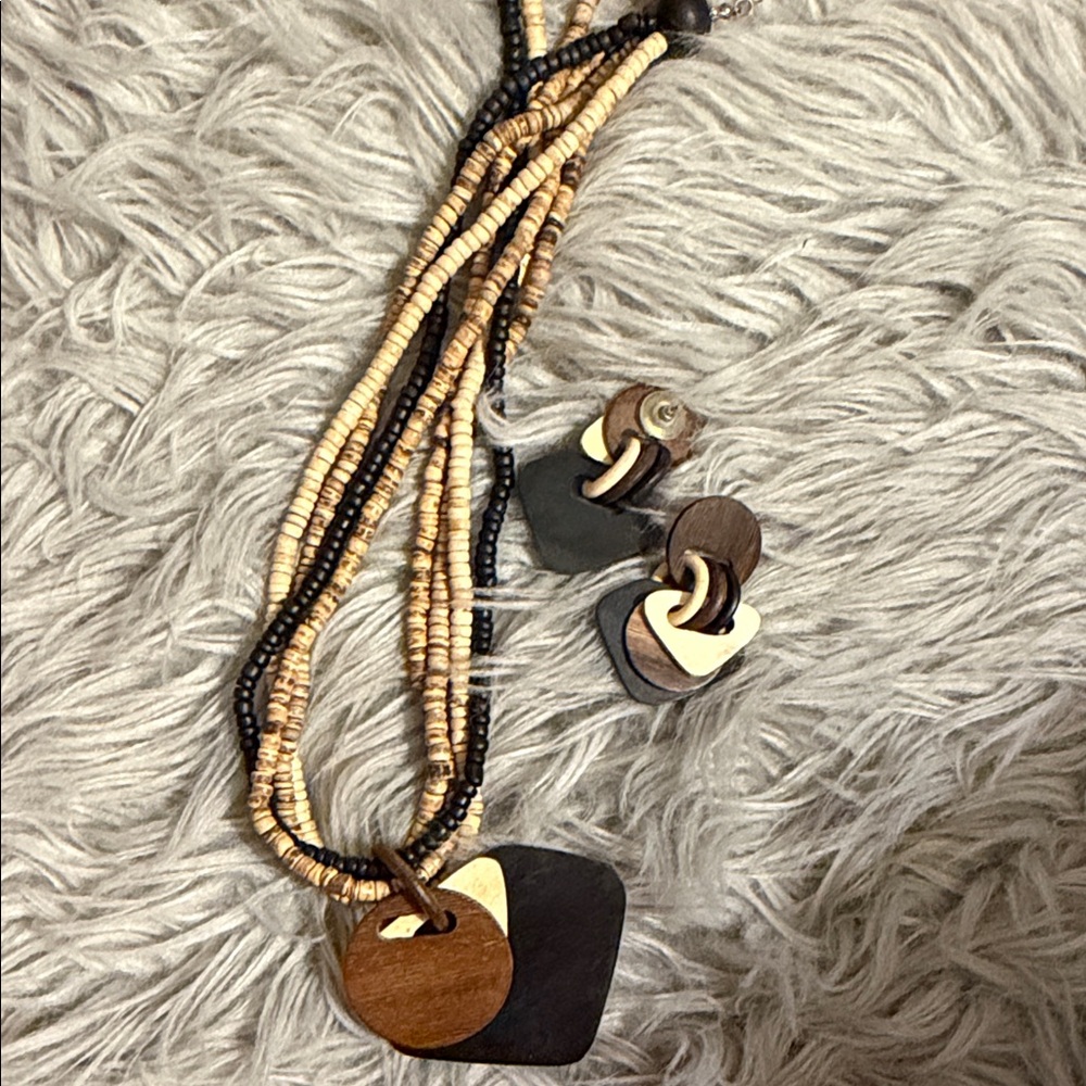 Wooden Beaded Necklace and Earring Set